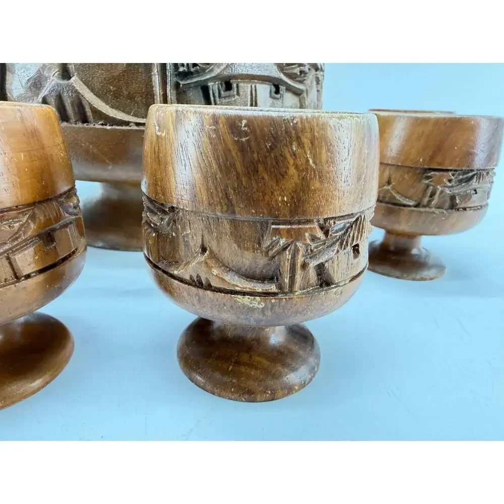 Vintage Hand Carved Wood Punch Bowl Set 6 Goblets Tiki Village 3 lb